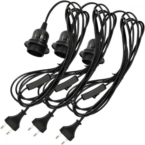 3 db 3,5 m-es adapterkábel készlet E27 aljzattal és kapcsolóval, Kwmobile, fekete, PVC, 42682