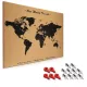 Panou pluta Navaris World Map, 70x50 cm, cu ace si kit montaj, prindere perete, maro/negru, pluta
