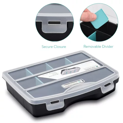 Organizator piese mici Navaris, 19x15x4 cm, separatoare reglabile, 4 cleme, transparent, plastic