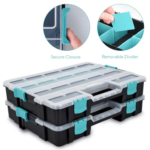Set 2 organizatoare piese Navaris, 37.5x29x13.4 cm, separatoare reglabile, cleme, negru, plastic