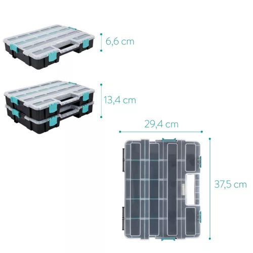Set 2 organizatoare piese Navaris, 37.5x29x13.4 cm, separatoare reglabile, cleme, negru, plastic
