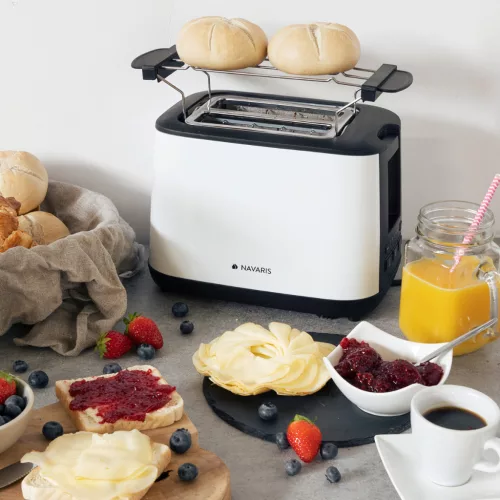 Toaster Navaris 2 felii, 1000W, reglaj rumenire, functie reincalzire, alb, plastic