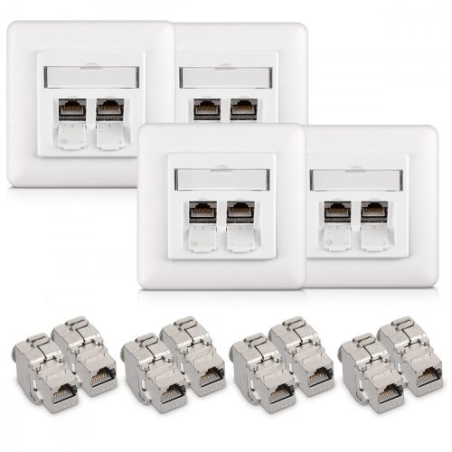 4 db RJ45 10G dupla hálózati aljzat készlet 8 db CAT 6A csatlakozóval, Kwmobile, fehér, fém, 45360.03