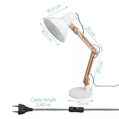 Lampa de masa Navaris, birou din lemn, 38 cm, design minimalist, alba, lumina ambientala, alb, lemn