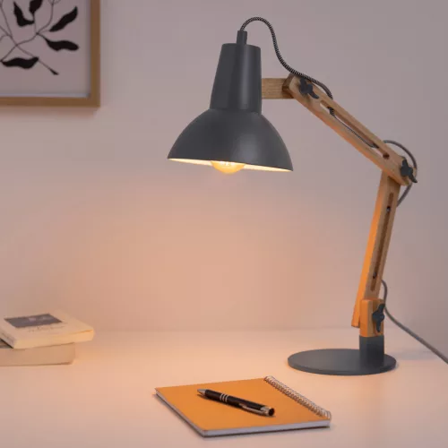 Lampa de masa Navaris, birou din lemn, 38 cm, design minimalist, gri/gri inchis, lemn