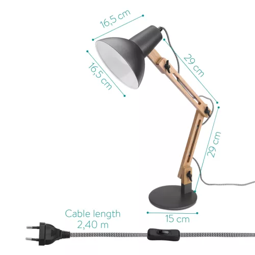 Lampa de masa Navaris, birou din lemn, 38 cm, design minimalist, gri/gri inchis, lemn