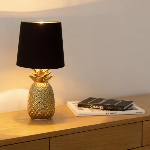 Lampa de masa Navaris, design ananas, 35 cm, gold/black, negru, sticla/ceramica/metal