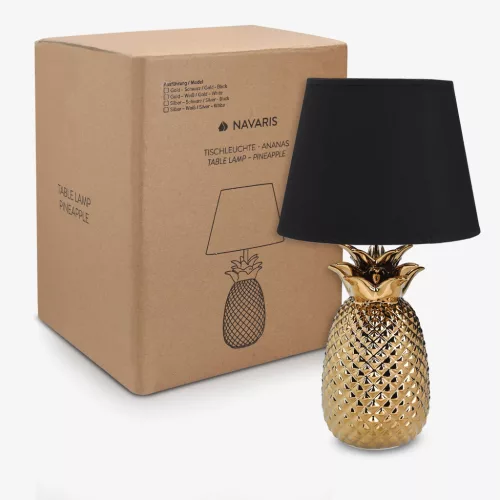 Lampa de masa Navaris, design ananas, 40 cm, soclu E27, ambient interior, negru/auriu, ceramica