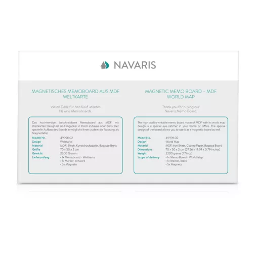 Tabla magnetica Navaris, harta lumii, 70x50 cm, whiteboard si magneti, multicolor, MDF/metal