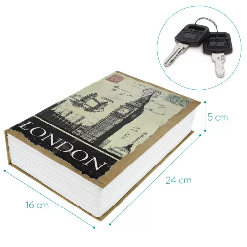 Seif tip carte Navaris, design Londra, 18.5x11.5x5.2 si 24x16x5 cm, 2 chei, albastru, otel