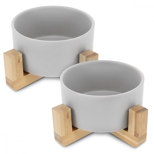 2 db-os tálka szett macskáknak és kutyáknak Navaris bambusztartóval, 550 ml, szürke, 48350.1.22