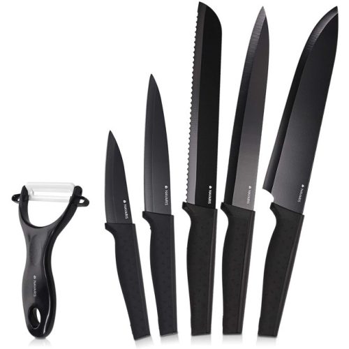 Navaris 5 részes rozsdamentes konyhai késkészlet, 1db kerámia vágókés, Fekete, 48366.06.02