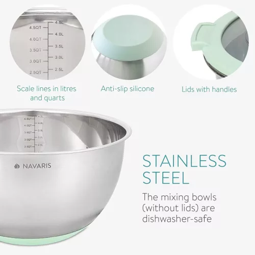 Navaris 2 darabos multifunkcionális fém tálkészlet fedővel, 20 cm és 24 cm, 3 reszelő, csúszásmentes, rozsdamentes acél, ezüst/zöld, 49210.02.71