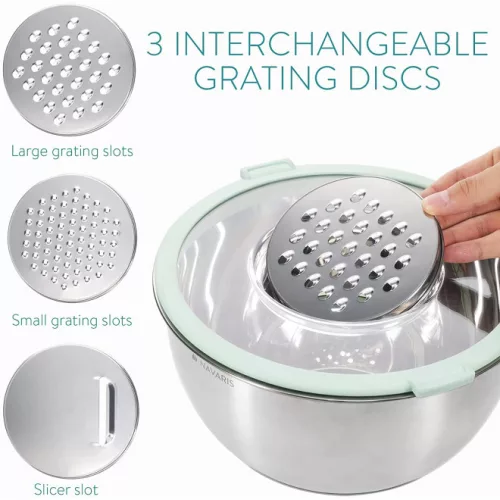 Navaris 2 darabos multifunkcionális fém tálkészlet fedővel, 20 cm és 24 cm, 3 reszelő, csúszásmentes, rozsdamentes acél, ezüst/zöld, 49210.02.71