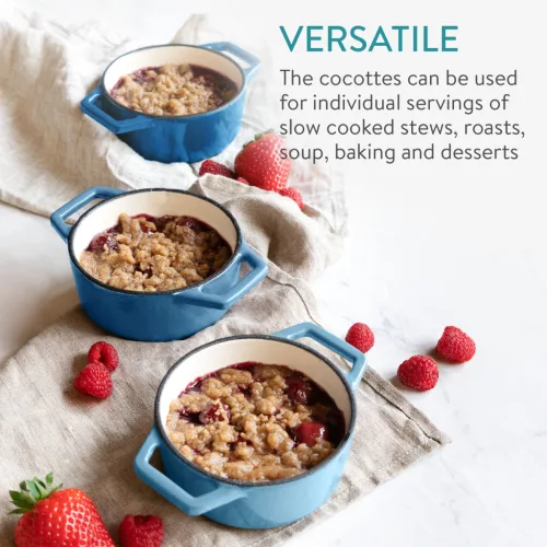 Navaris 4 darab mini öntöttvas edény készlet, 10,5 cm, 290 ml, sütőre és főzőlapra, kék, 49079.04.02