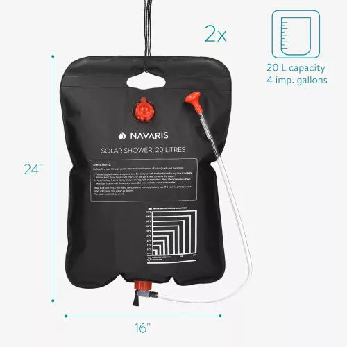 2 db Navaris napelemes kempingzuhany szett tömlővel és csapteleppel, 20L, Fekete, 45686.03.01