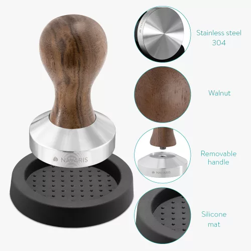 Navaris rozsdamentes acél tamper dió nyéllel, 58 mm, Covoras, 51802.01.30