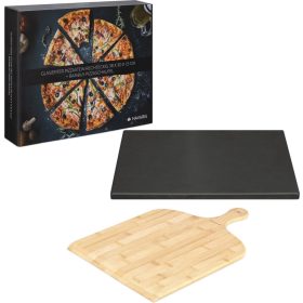   Zománcozott pizzakő 30x38 cm és bambusz pizzalapát, navaris, fekete/bézs, 51246.01.02