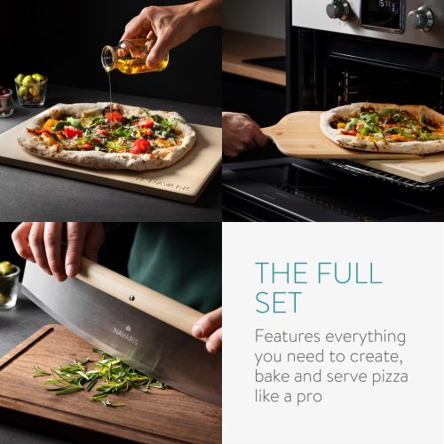 Set piatra de pizza Navaris, 30x38 cm, cu palet de bambus si cutit, pana la 800°C, 53326.01