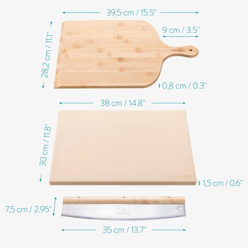 Set piatra de pizza Navaris, 30x38 cm, cu palet de bambus si cutit, pana la 800°C, 53326.01