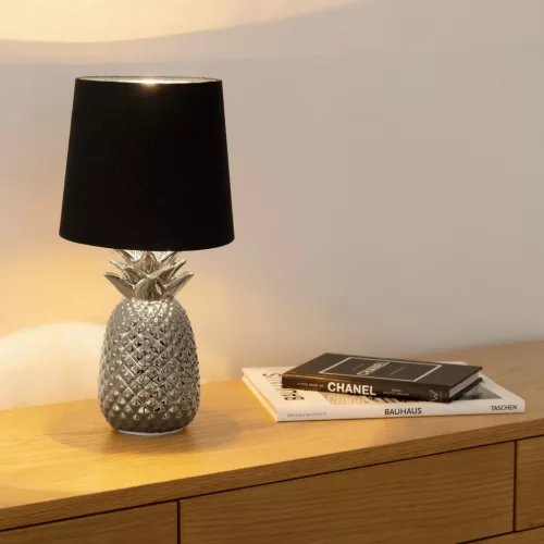 Lampa de masa Navaris, design ananas, 35 cm, abajur opac, E27, negru/argintiu, ceramica/metal