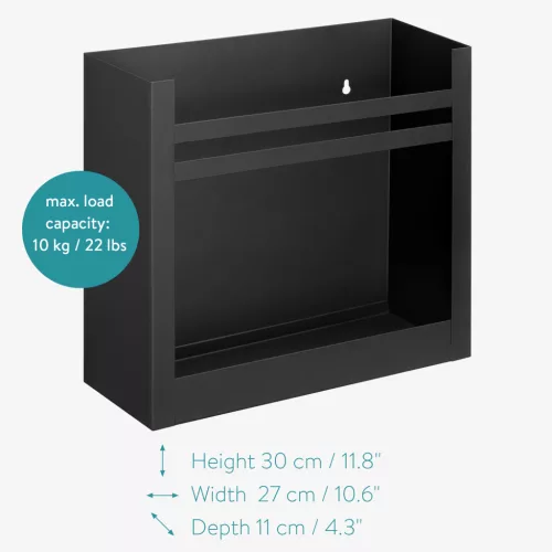 Suport reviste pe perete Navaris, 30x27x11 cm, capacitate 10 kg, negru, metal