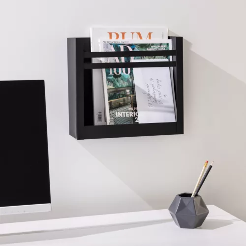 Suport reviste pe perete Navaris, 30x27x11 cm, capacitate 10 kg, negru, metal