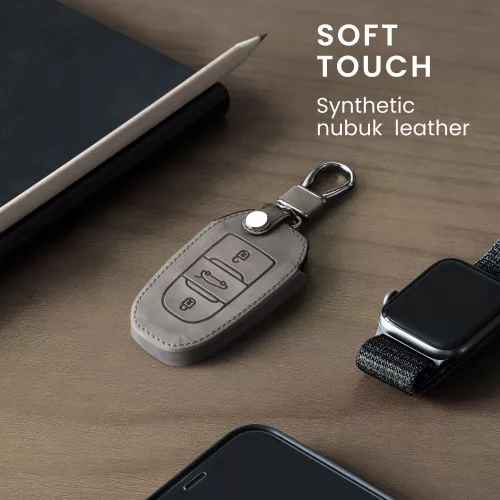 Peugeot / Citroen autókulcs burkolat - 3 gombos - Keyless Go, nubuk bőr, szürke, 53762.01