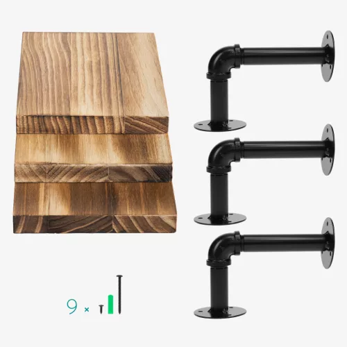Set 3 rafturi decorative Navaris, 20x15x2 cm, montaj perete, maro burnt, maro, metal/lemn