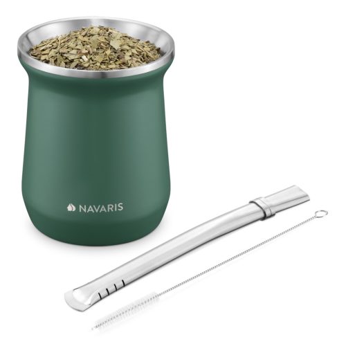 Cana Yerba Mate Navaris, 1 pai, 1 perie, 300 ml, inox, verde, 54274.01.07