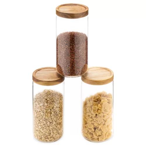 Set 3 borcane Navaris cu capac din lemn de acacia, 950 ml, sticla borosilicata, maro, lemn/sticla