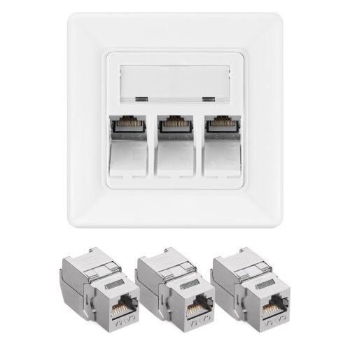 Szett 1 db RJ45 hármas hálózati aljzat 3 db CAT 6A csatlakozóval, Kwmobile, fehér, fém, 54571.03.01
