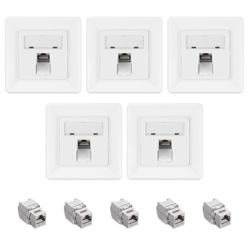 5 db árnyékolt RJ45 hálózati aljzat készlet 5 db CAT 6A csatlakozóval, Kwmobile, fehér, fém, 54571.01.05