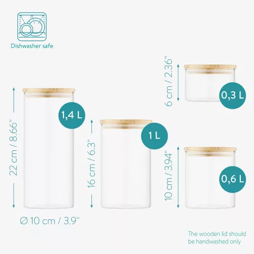 4 db Navaris tárolóedény fedővel, 1400 ml, 1000 ml, 600 ml és 300 ml, 54600.02.04