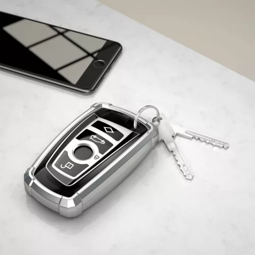 BMW autókulcs burkolat - 3 gombos - Keyless Go, kwmobile, szilikon, ezüst / fekete, 55039.01