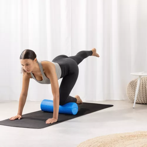 Rulou Pilates Navaris, densitate mare, 45x15 cm, stretching si masaj muscular, albastru, EVA