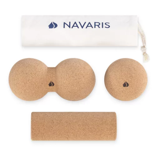 Set 3 accesorii masaj Navaris, rola mini, bila si bila dubla, cu geanta, maro, pluta