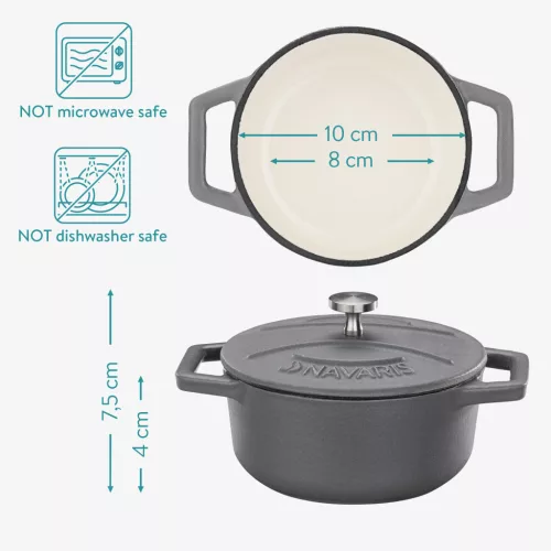 Navaris 4 darab mini öntöttvas edénykészlet, 10,5 cm, 290 ml, sütő- és főzőlaphoz, fekete/fehér, 49079.04.03