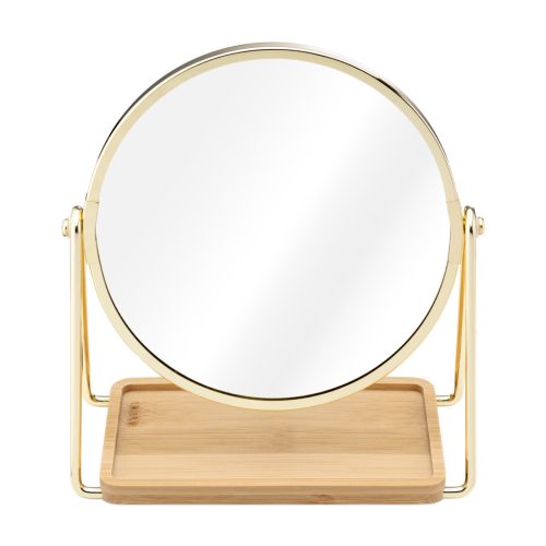 Oglinda cosmetica Navaris cu tava bambus, 17.5x20.5 cm, 1x/2x, auriu, bambus/sticla/metal