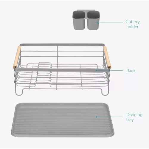 Navaris edénytartó csepegtető tálcával, tányérok, poharak és evőeszközök számára, szürke, 42.5x31.5x14 cm, 52545.03