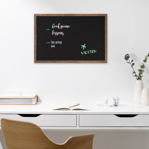 Tabla scolara Navaris cu rama MDF, 60x40 cm, montaj perete, 4 crete incluse, negru/natur, negru, MDF