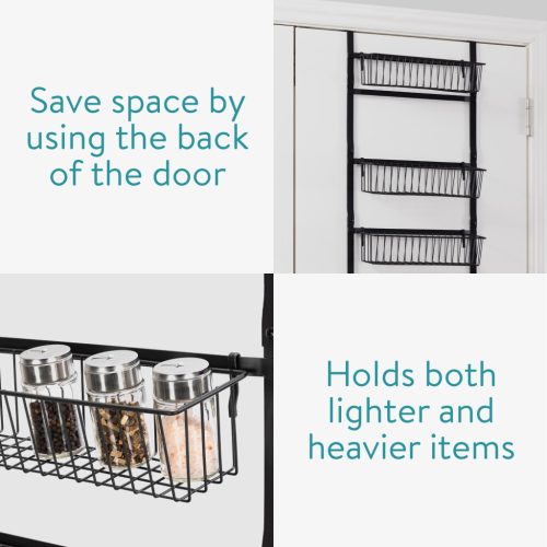 Raft condimente Navaris, montare pe usa, 92x39x13.5 cm, organizare camara, negru, metal