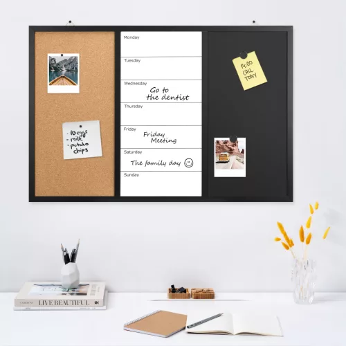 Tabla combinata Navaris, whiteboard magnetic, tabla de creta si pinboard, 90x60 cm, multicolor, plastic