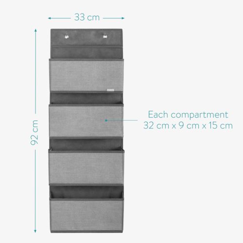 Organizator suspendat usa Navaris, 4 compartimente, 33x9x92 cm, pentru dulap si usa, gri, metal