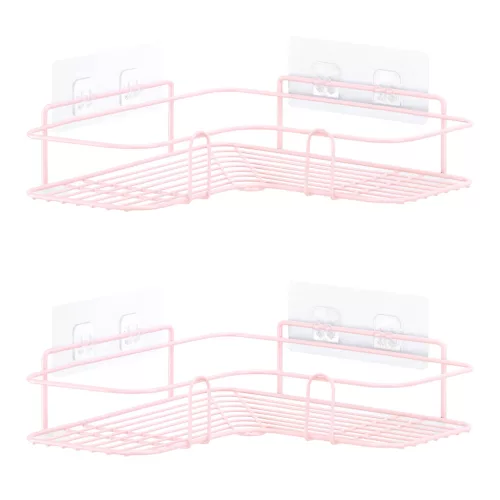 Set 2 rafturi colt dus Navaris, autoadezive, 26.5x26.5x7 cm, max 3 kg/polita, roz, metal