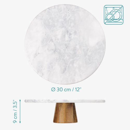 Suport tort rotativ Navaris, 30 cm, baza lemn acacia, decorare si servire, marmura/lemn, alb, lemn