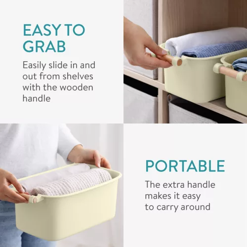 Set 4 cutii depozitare Navaris, cu maner din lemn, 37.8x21.4x14 cm si 28.5x16x10.5 cm, crem, lemn