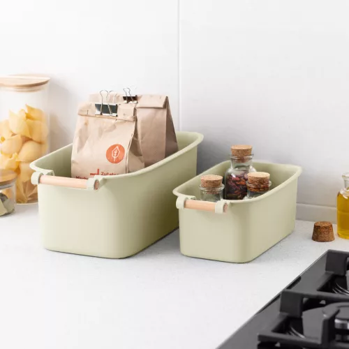 Set 4 cutii depozitare Navaris, cu maner din lemn, 37.8x21.4x14 cm si 28.5x16x10.5 cm, crem, lemn