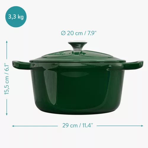 Navaris öntöttvas edény, 20 cm, zománcozott, zöld, 2,5 L, fedővel, sütő- és főzőlaphoz, 58000.01.80