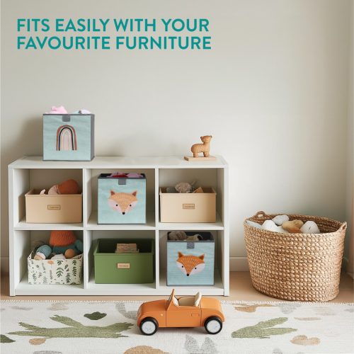 Set 3 cutii depozitare copii Navaris, 28x28x28 cm, design vulpe, verde, polipropilena/carton